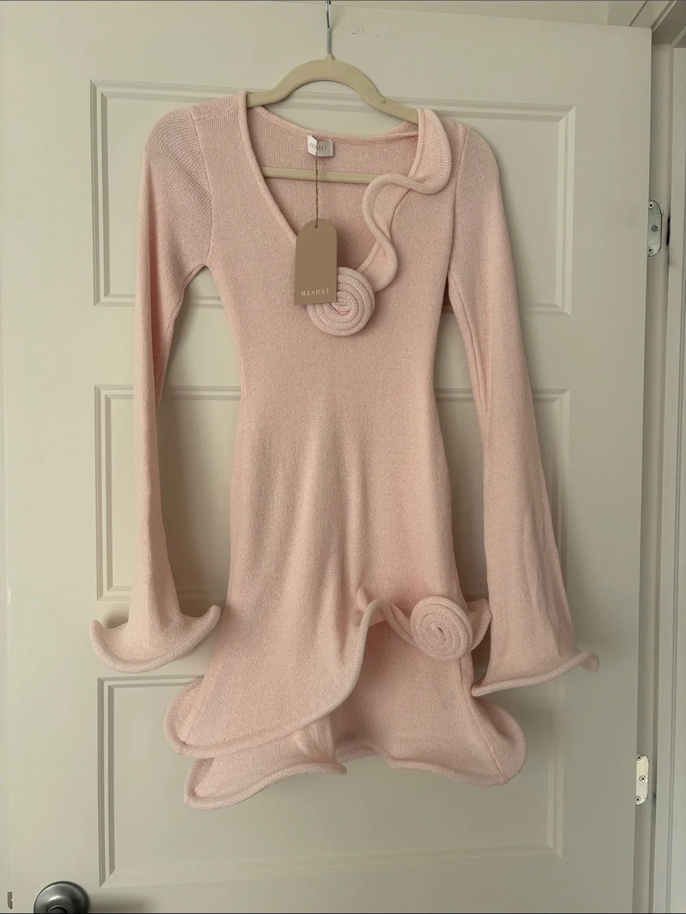 Meshki Light Pink Knit Rose-Accent Bodycon Dress - Size Small - Picture 4 of 6